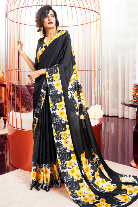 Black Crepe Saree with Yellow Flowers - PAAIE