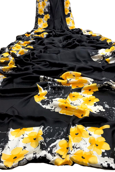 Black Crepe Saree with Yellow Flowers - PAAIE