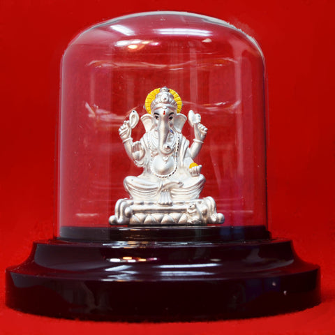 999 Pure Silver Ganesha in Oval with Yellow Headrest - PAAIE