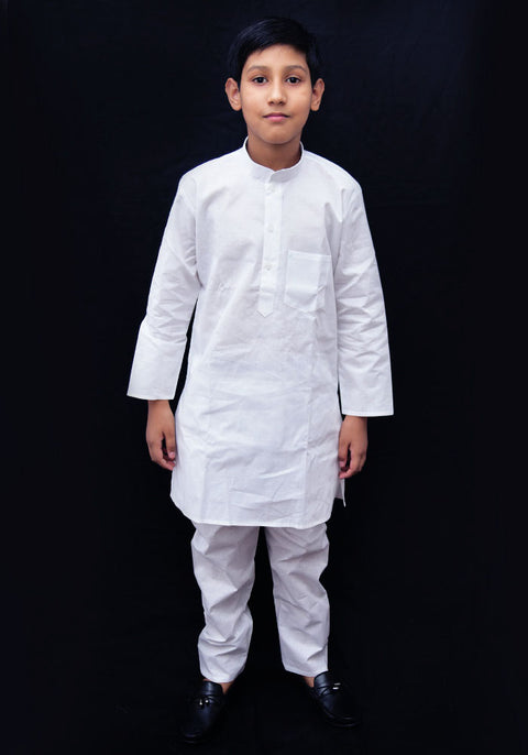Boys' Cotton Kurta & Pajama Clothing Set in White Color - PAAIE