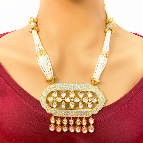 Designer Gold Plated Gray Kundan Set - PAAIE