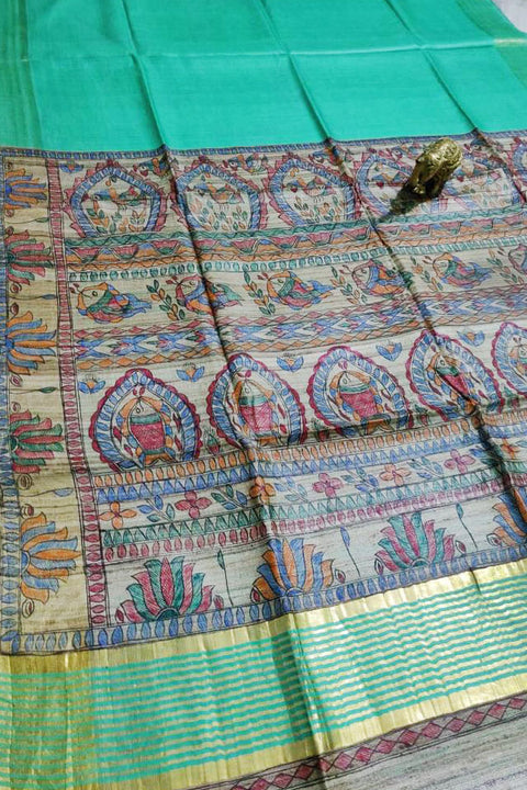 Silk Mark Certified Pure Handloom Tussar Ghicha Silk Saree In Green Color - PAAIE