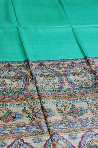 Silk Mark Certified Pure Handloom Tussar Ghicha Silk Saree In Green Color - PAAIE