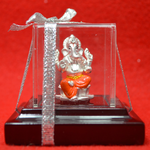 999 Pure Silver Small Square Ganesha Idol in Orange - PAAIE