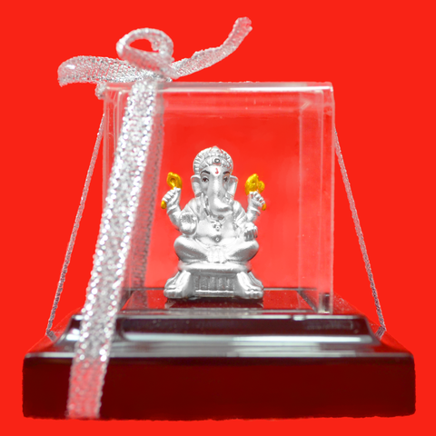 999 Pure Silver Ganesha Idol with Two Yellow Flowers - PAAIE