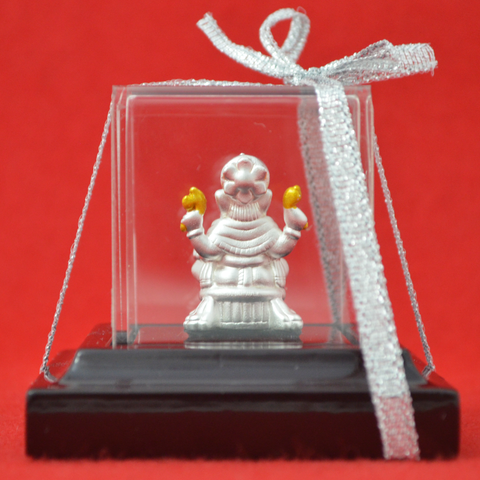 999 Pure Silver Ganesha Idol with Two Yellow Flowers - PAAIE