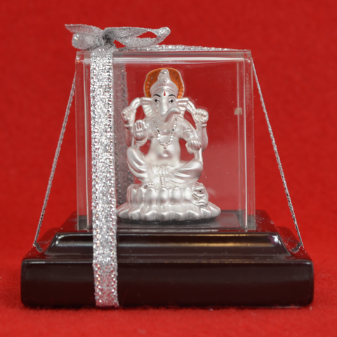 999 Pure Silver Ganesha Idol in Orange Designer Headrest - PAAIE