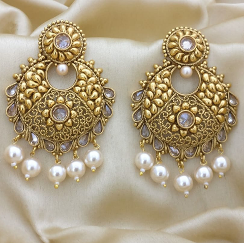 Golden Engraved Earrings with Pearls - PAAIE