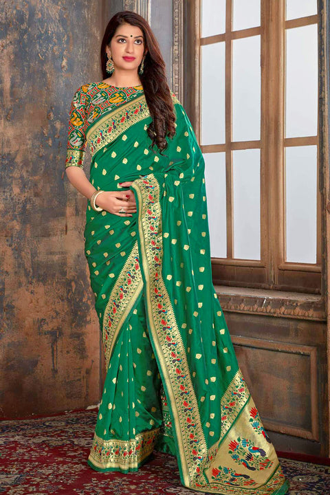 Banarasi Silk Designer Pine Green and Golden Saree - PAAIE