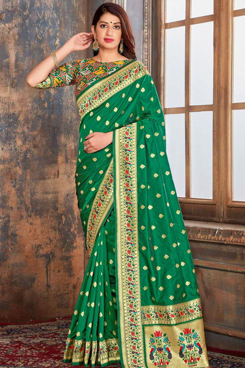 Banarasi Silk Designer Pine Green and Golden Saree - PAAIE