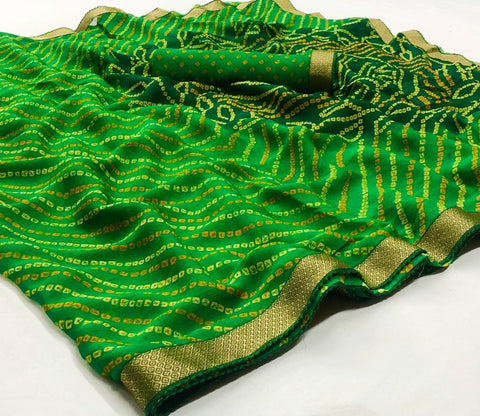 Designer Chiffon Bandhej Green With Gotta Patti Saree - PAAIE