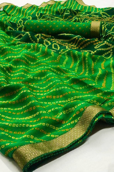 Designer Chiffon Bandhej Green With Gotta Patti Saree - PAAIE