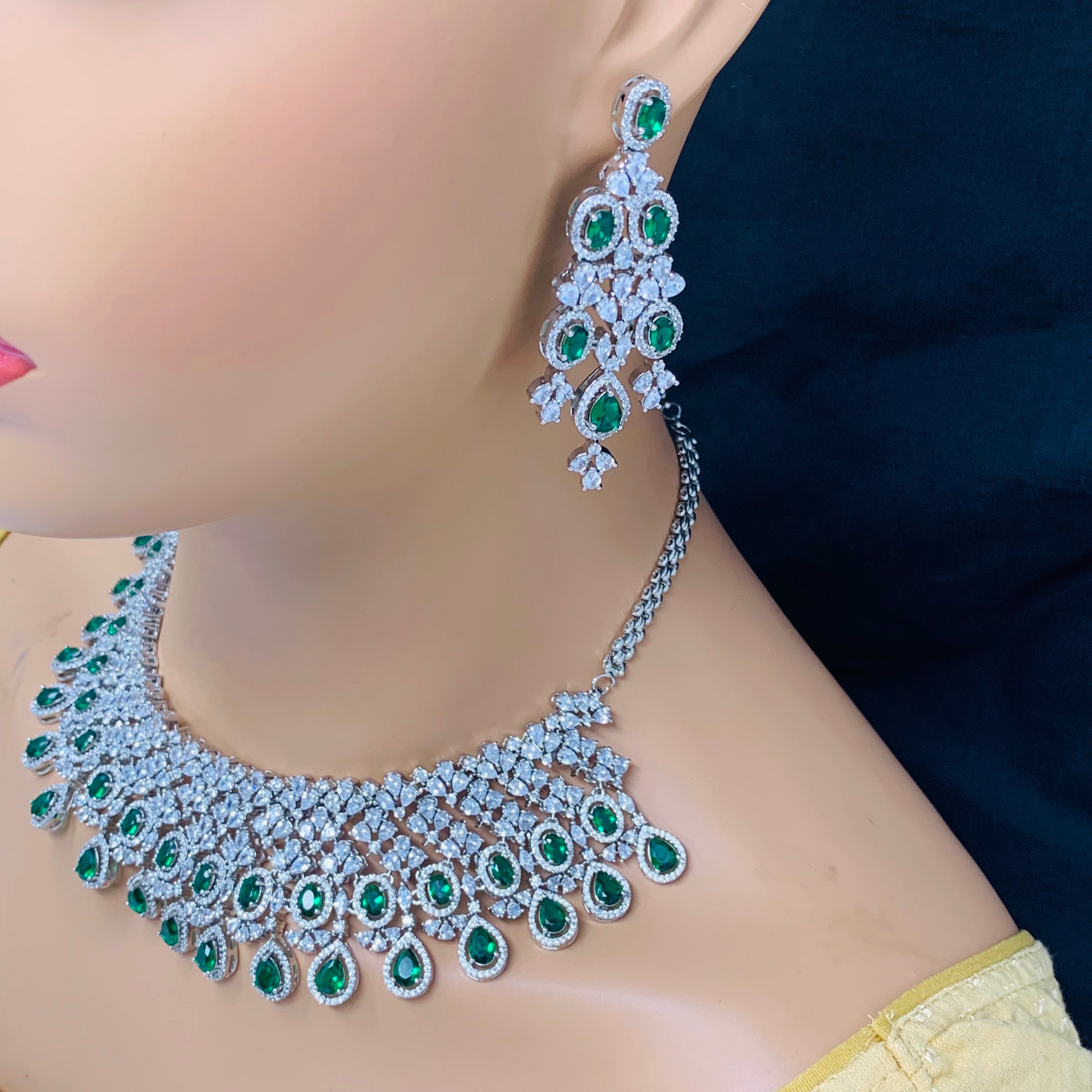 PAAIE Designer Semi-Precious American Diamond \u0026 Green Emerald Necklace with Earrings (D465), image size:3024x3024