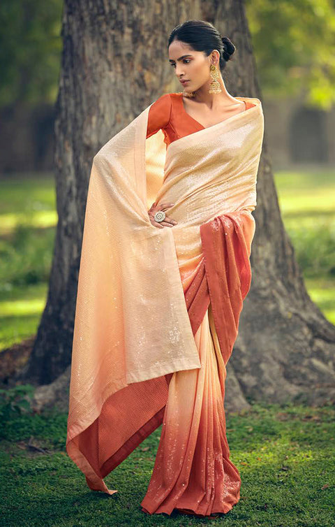 Adorable Peach Georgette Sequins Work Designer Saree With Fancy Blouse - PAAIE
