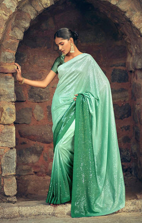 Sensational Green Georgette Sequins Work Designer Saree With Fancy Blouse - PAAIE