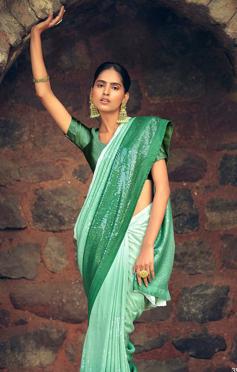Sensational Green Georgette Sequins Work Designer Saree With Fancy Blouse - PAAIE