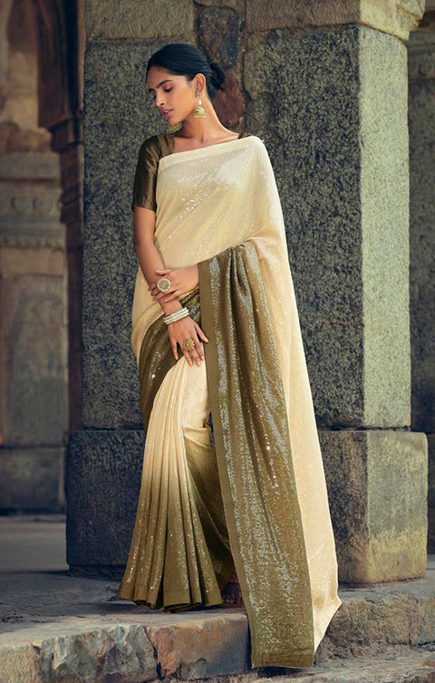 Phenomenal Brown Georgette Sequins Work Designer Saree With Fancy Blouse - PAAIE