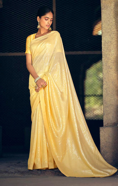 Sensational Yellow Georgette Sequins Work Designer Saree With Fancy Blouse - PAAIE