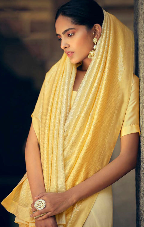 Sensational Yellow Georgette Sequins Work Designer Saree With Fancy Blouse - PAAIE