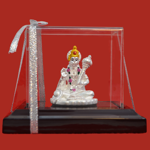 999 Pure Silver Hanuman Ji Idol with Garland and Golden Crown - PAAIE