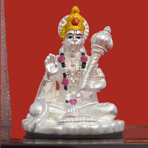 999 Pure Silver Hanuman Ji Idol with Garland and Golden Crown - PAAIE