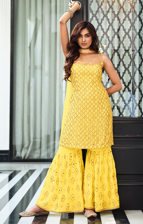 Designer Yellow Color Suit with Sharara & Dupatta in Georgette (K726)