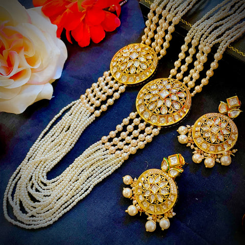 Designer White Kundan & White Beads Long Necklace with Earrings (D194)