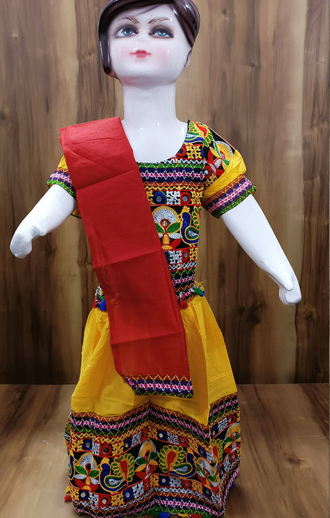 Girls Yellow Cotton Dress Lehenga-Choli Chania Choli with Dupatta Set - PAAIE