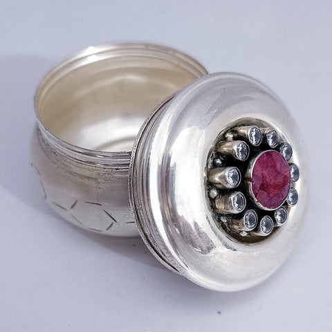 925 Silver Kumkum Box with Red Stone (Design 19) - PAAIE