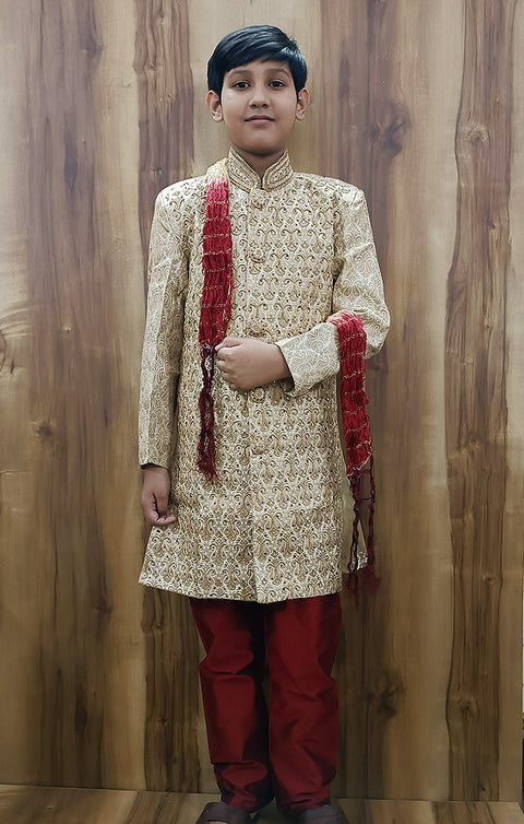 Boys' Sherwani & Pajama in Golden/Mahroon Color - PAAIE