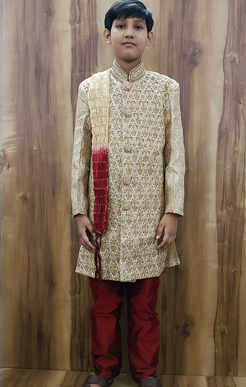 Boys' Sherwani & Pajama in Golden/Mahroon Color - PAAIE