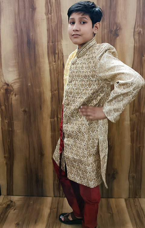 Boys' Sherwani & Pajama in Golden/Mahroon Color - PAAIE
