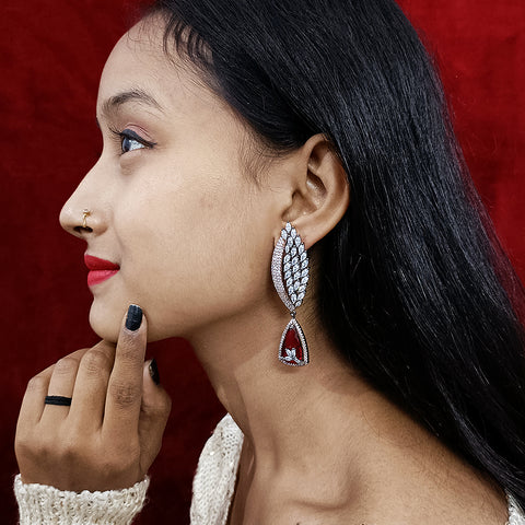 Oxidized Red Color American Diamond Contemporary Earrings (E190) - PAAIE