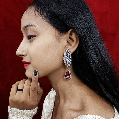Oxidized Red Color American Diamond Contemporary Earrings (E190) - PAAIE