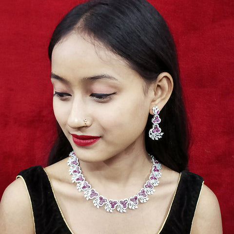 Red Color American Diamond Necklace with Earrings (D126) - PAAIE