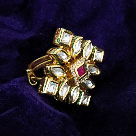 White/Red Designer Gold Plated Kundan Ring (Design 66)