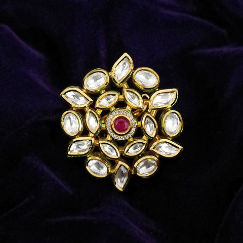 White/Red Designer Gold Plated Kundan Ring (Design 75)