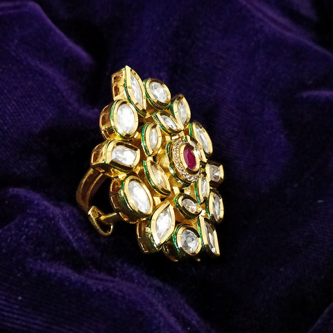 White/Red Designer Gold Plated Kundan Ring (Design 75)