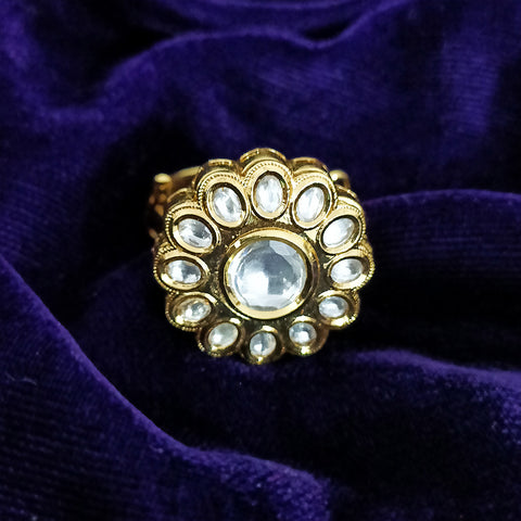 White Designer Gold Plated Kundan Ring (Design 70)