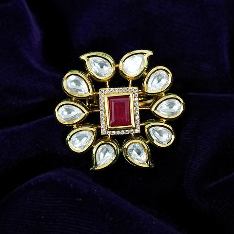 White/Red Designer Gold Plated Kundan Ring (Design 73)