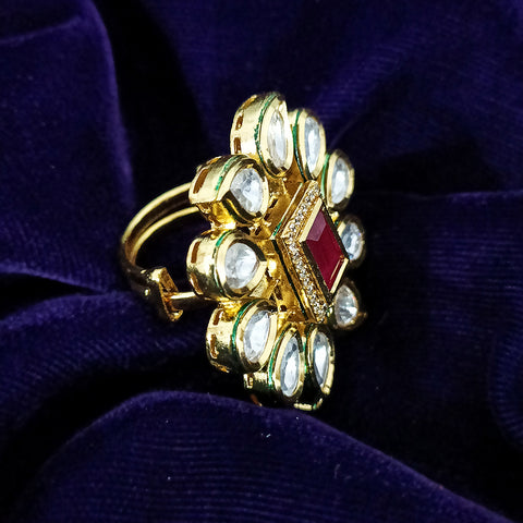 White/Red Designer Gold Plated Kundan Ring (Design 73)