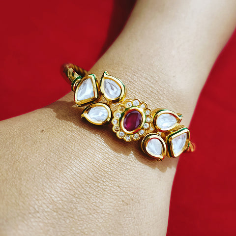 Gold Plated Kundan Openable Bracelet (Design 1)