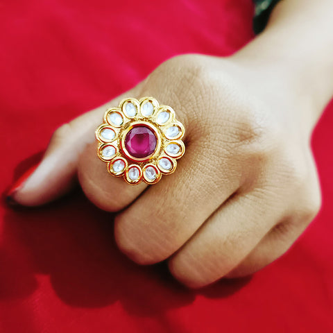 White/Red Designer Gold Plated Kundan Ring (Design 69)