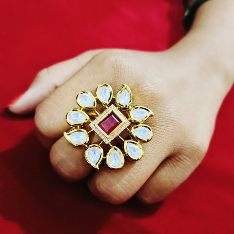 White/Red Designer Gold Plated Kundan Ring (Design 73)
