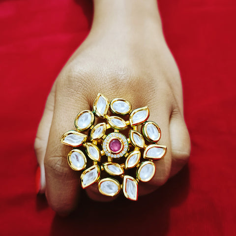 White/Red Designer Gold Plated Kundan Ring (Design 75)