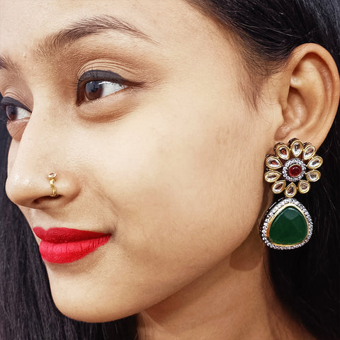 Golden Oxidized Beautifully Green Stone/Kundan Traditional Earrings (E262)