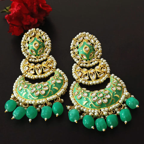 Gold Teal Beautifully Enamelled Traditional Earrings (E242)