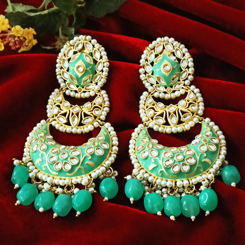 Gold Teal Beautifully Enamelled Traditional Earrings (E242)