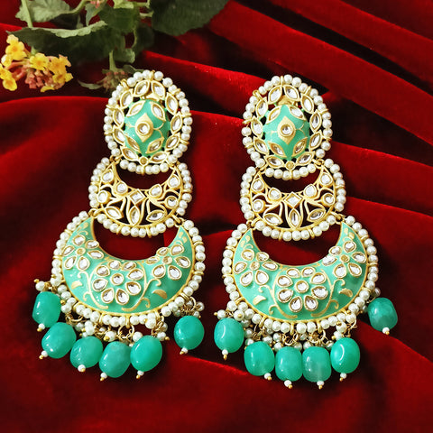 Gold Teal Beautifully Enamelled Traditional Earrings (E242)