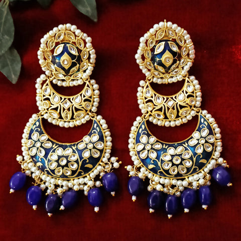 Gold Blue Beautifully Enamelled Traditional Earrings (E250)